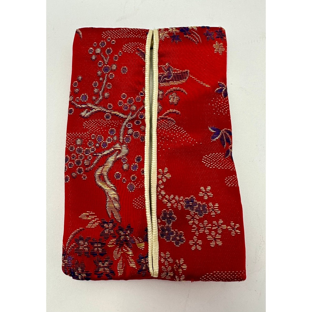 Vintage Red Silk Brocade Travel Tissue Holder Pagoda Cherry Blossom Floral Pouch
